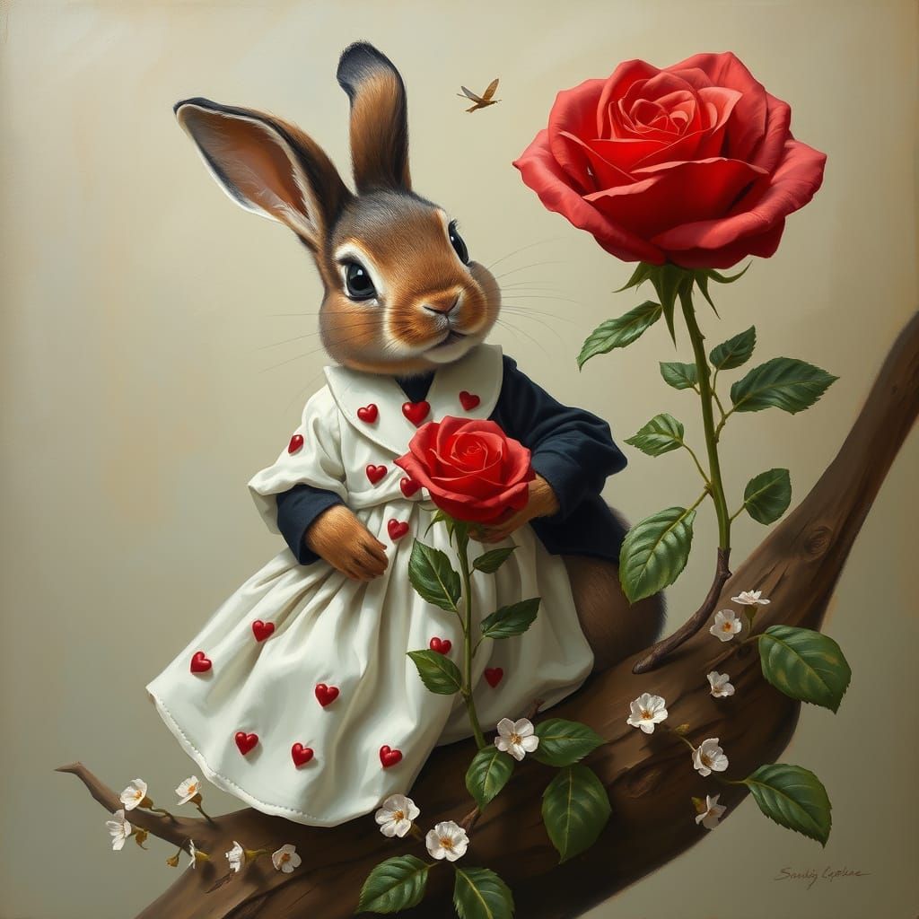 Elegant Rabbit in Black Tuxedo Stands on Tree Stump Surround...