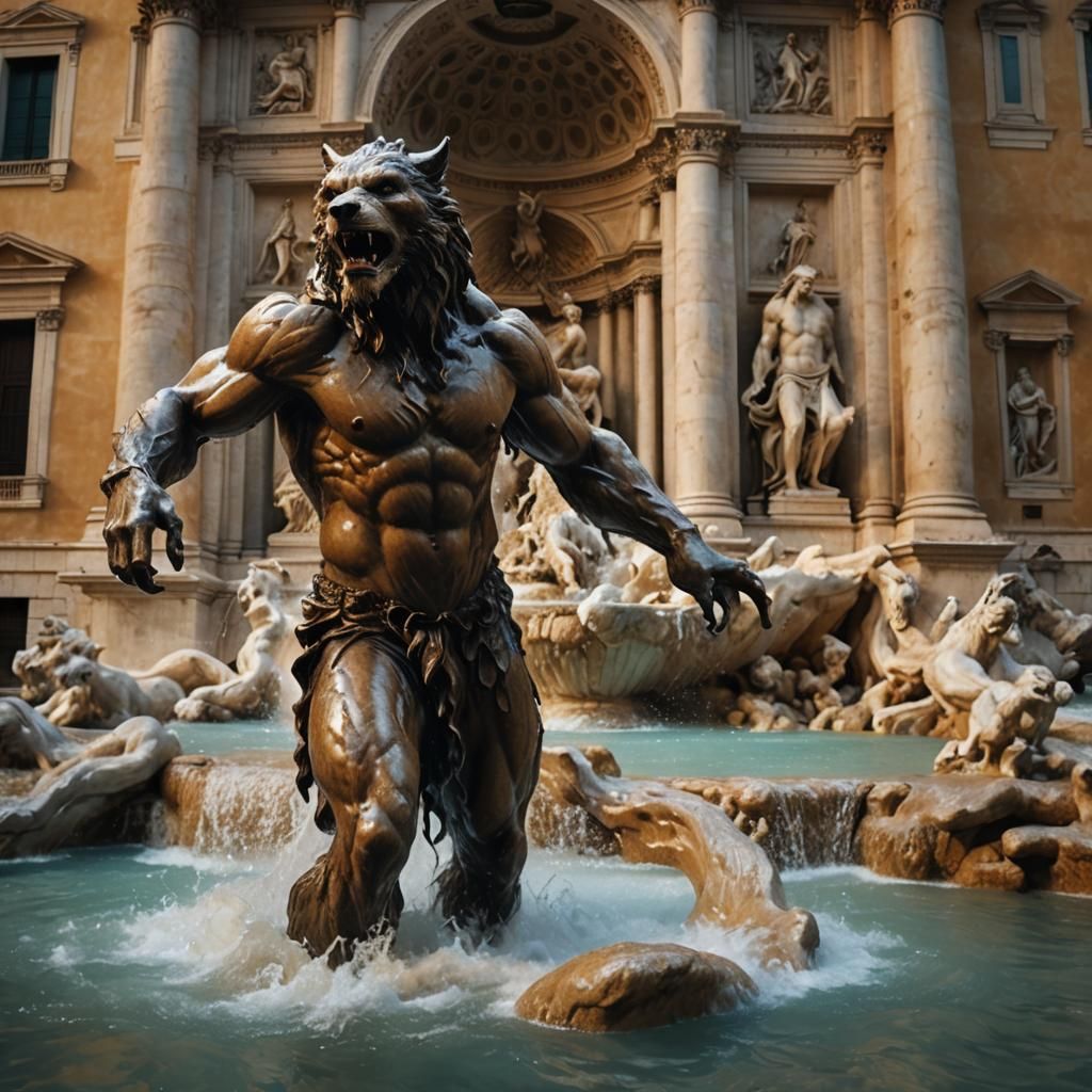 Werewolf Bathes in Trevi Fountain: Fantasy Art
