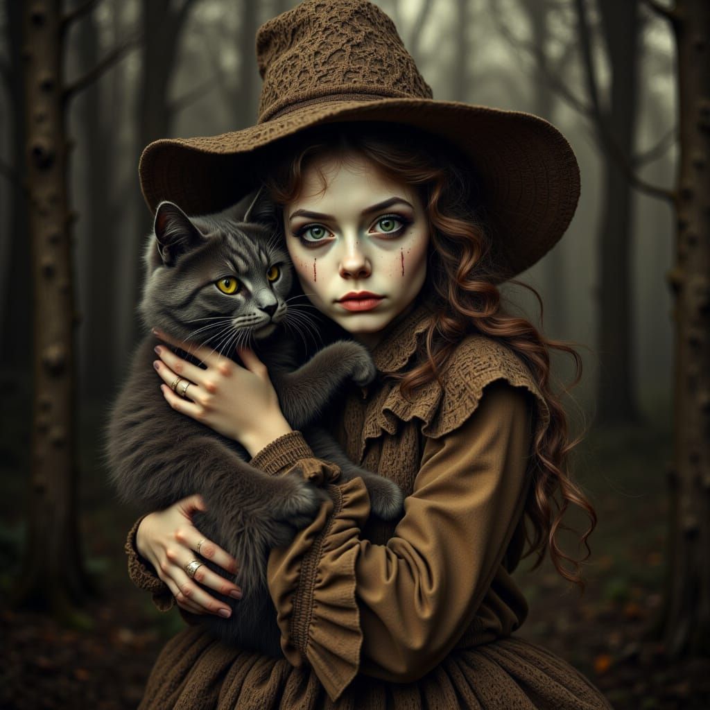 Surreal Fantasy Portrait of a Young Girl with her Feline Com...