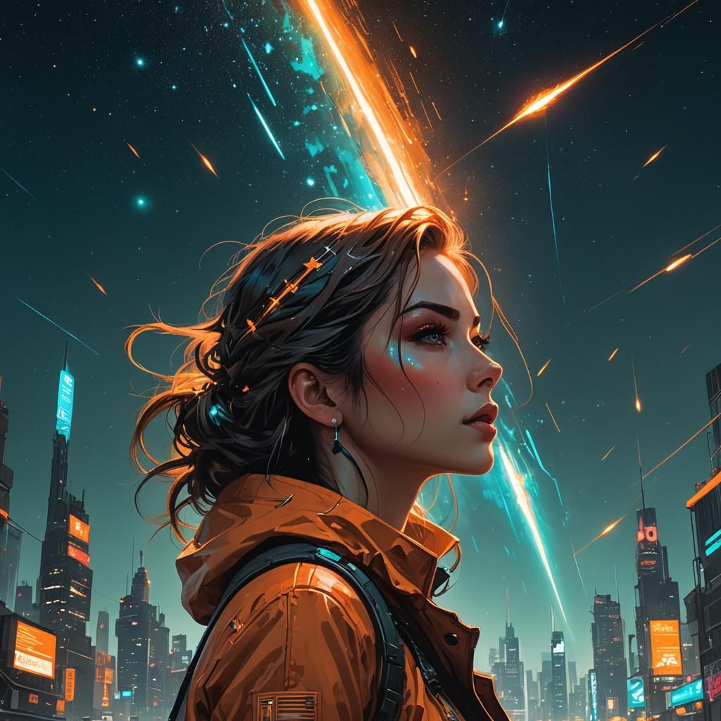 Ethereal Woman Watches Shooting Star in Cyberpunk Night