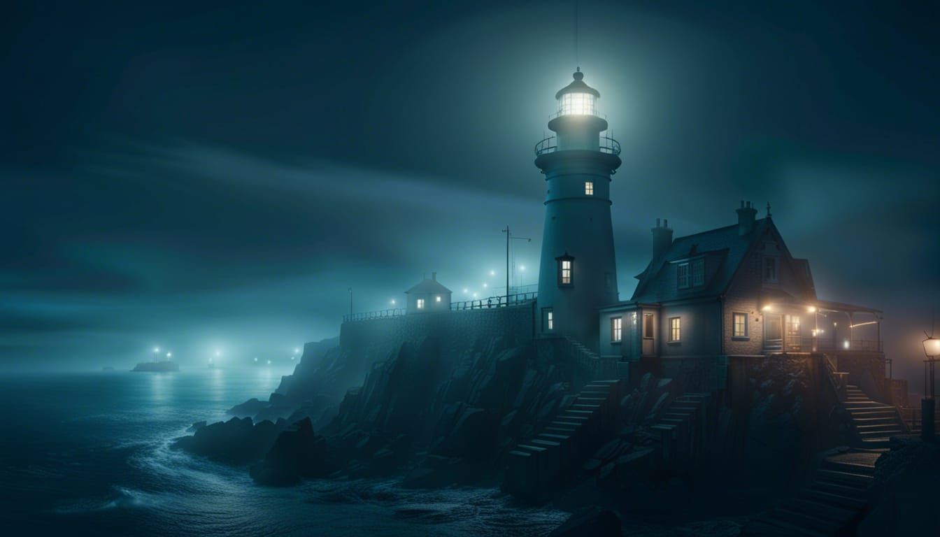 Lighthouse Over Fishing Village in Dense Night Fog