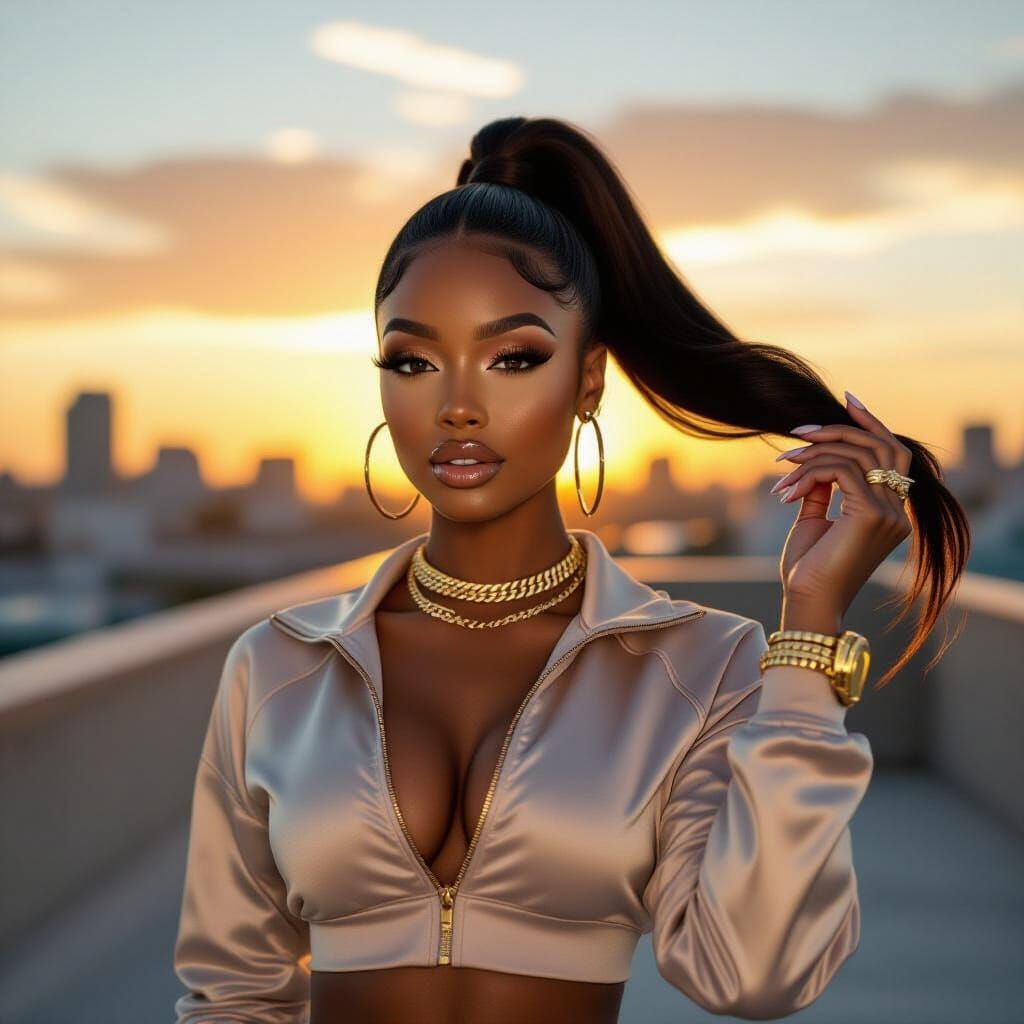 Black Influencer at Sunset in Chic Tracksuit