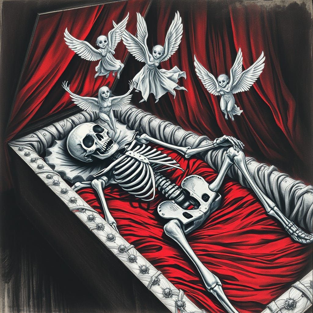Skeletal Figure in Coffin, Surrounded by Ghostly Acrobats in...