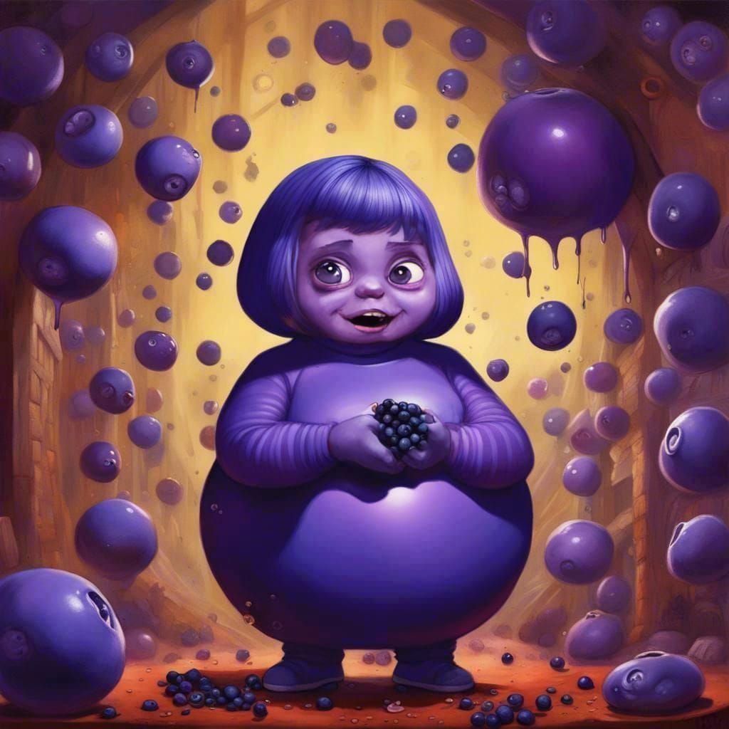 Violet Beauregarde after “3 course meal gum” she wasn’t supposed to eat, turning into a blueberry