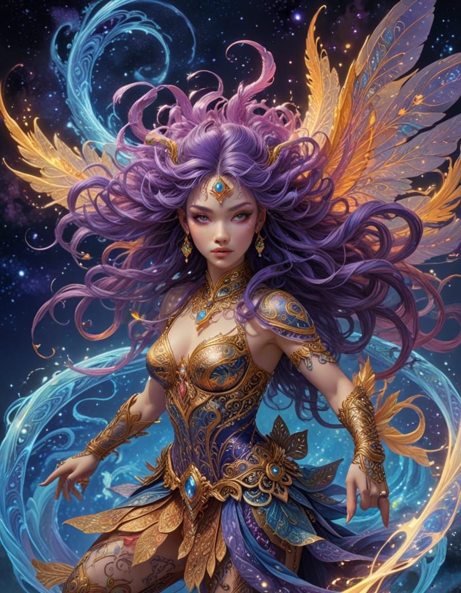 Enchanting Fantasy Hybrid Creature in Golden Pointillism Sty...