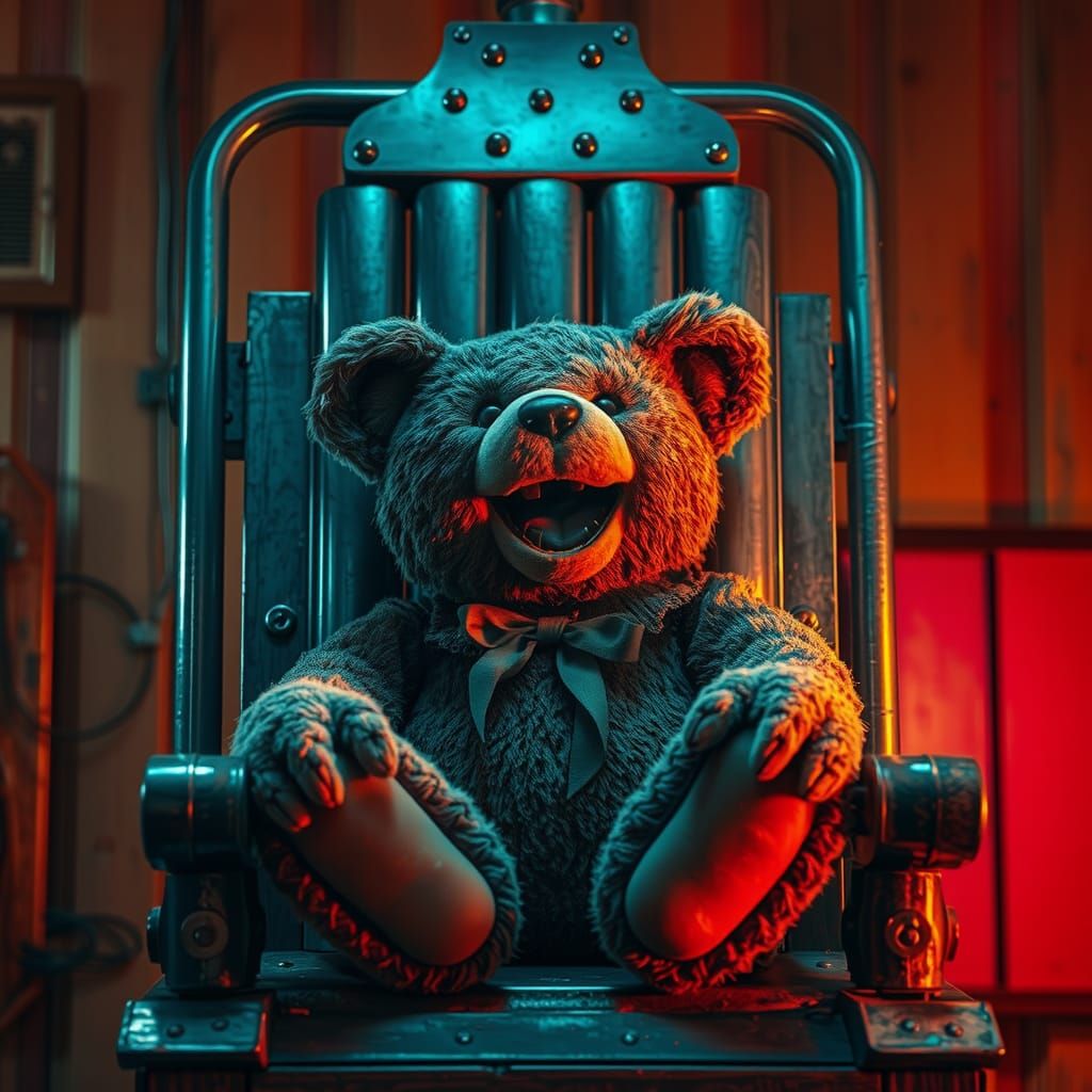 Haunted Teddy Bear in Electric Chair: Surreal Horror