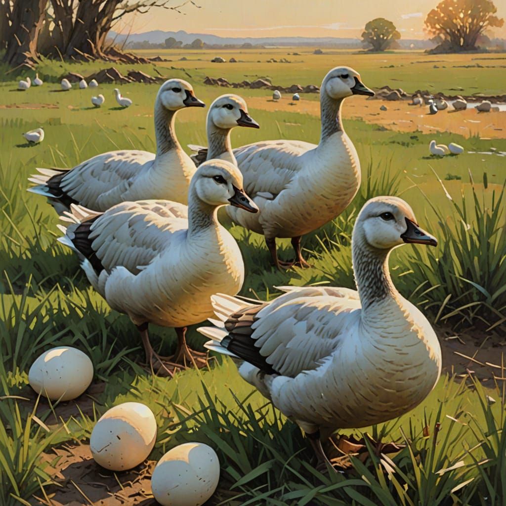 Six Geese Laying Eggs in Grassy Field Oil Painting