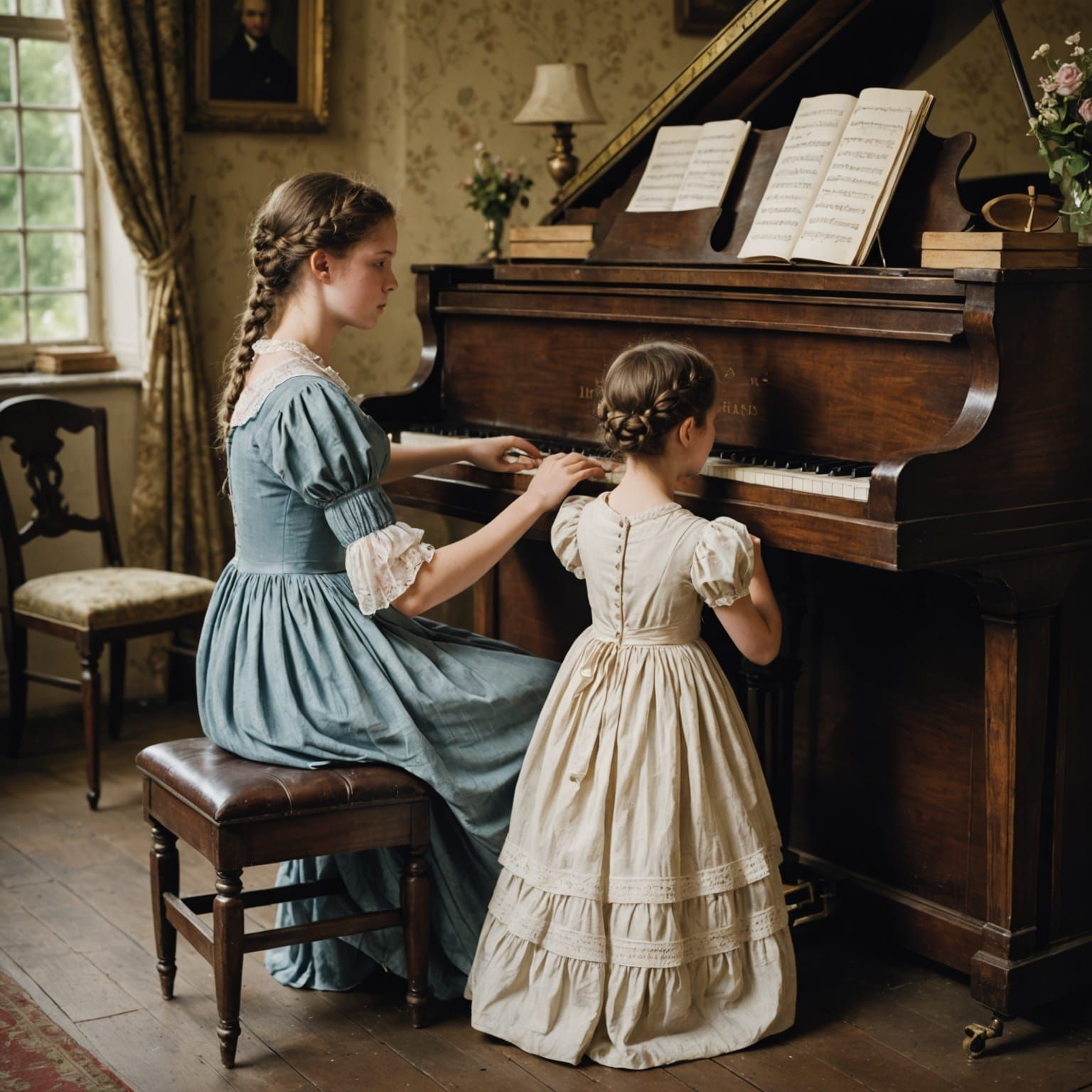 Historic Portrait of Sisters at a Regency Piano