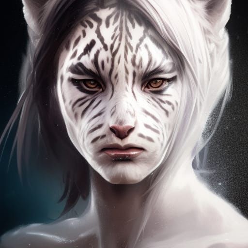 Detailed White Tiger Girl Portrait in 8K