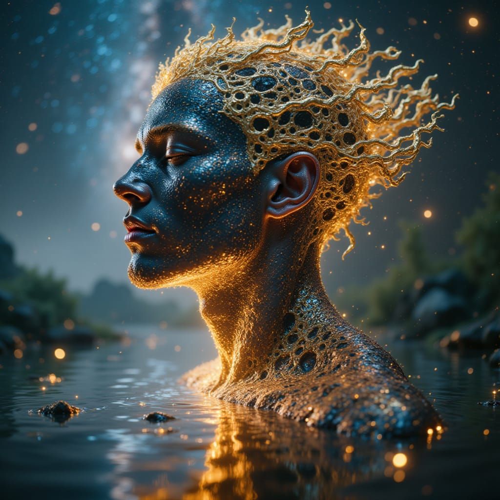 Celestial Being with Golden Filigree Over Galactic Lake