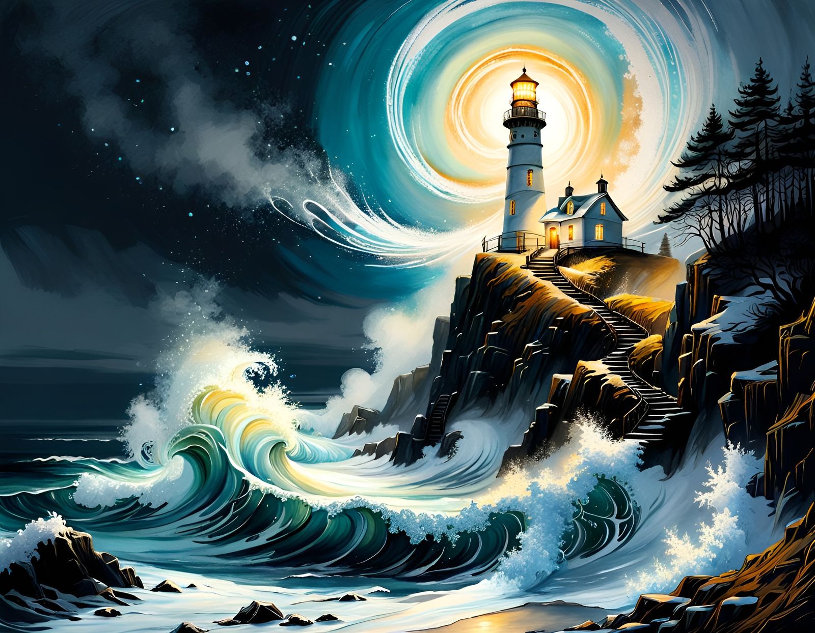 Bioluminescent Winter Solstice Lighthouse in Watercolor Styl...