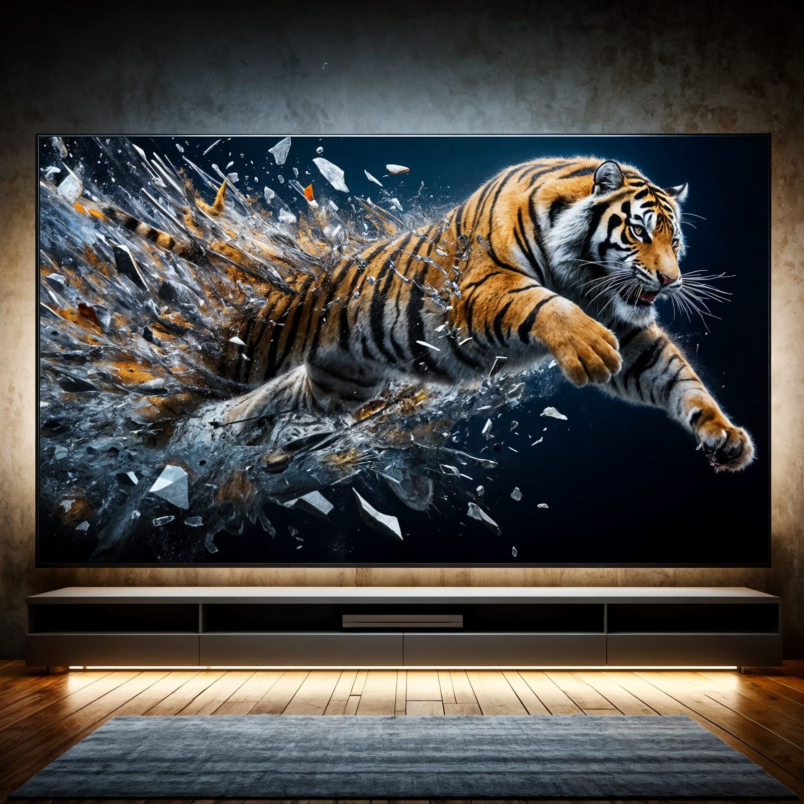 Tiger Leaps Through Shattered TV Screen