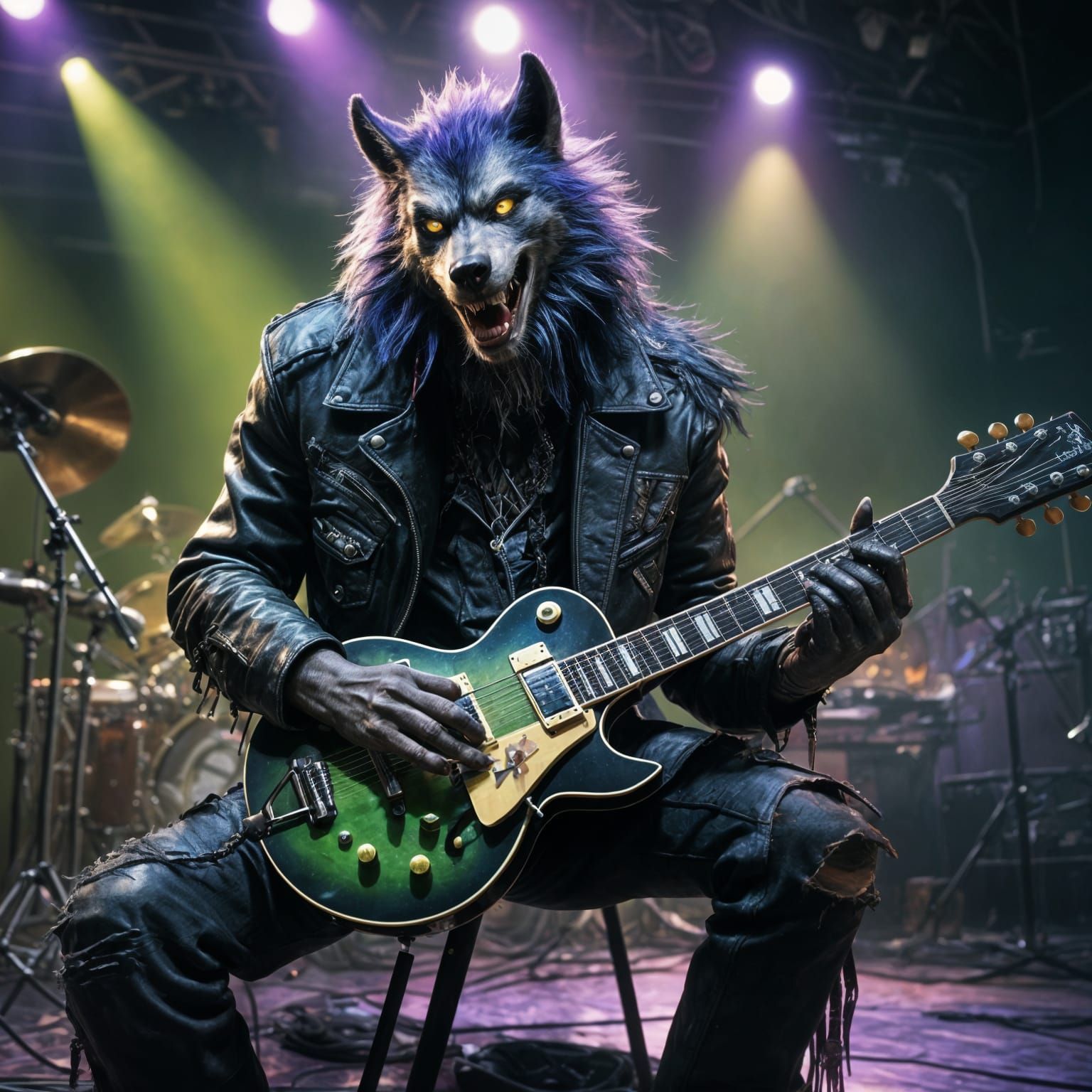 Rock and Roll Werewolf Plays Guitar, Detailed Digital Art