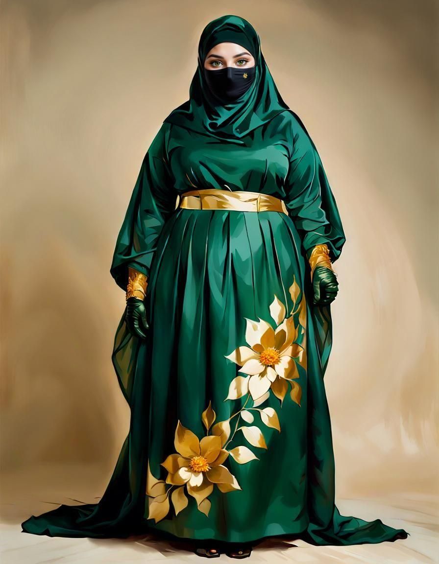 Woman in Niqab: Acrylic Portrait with Golden Flowers