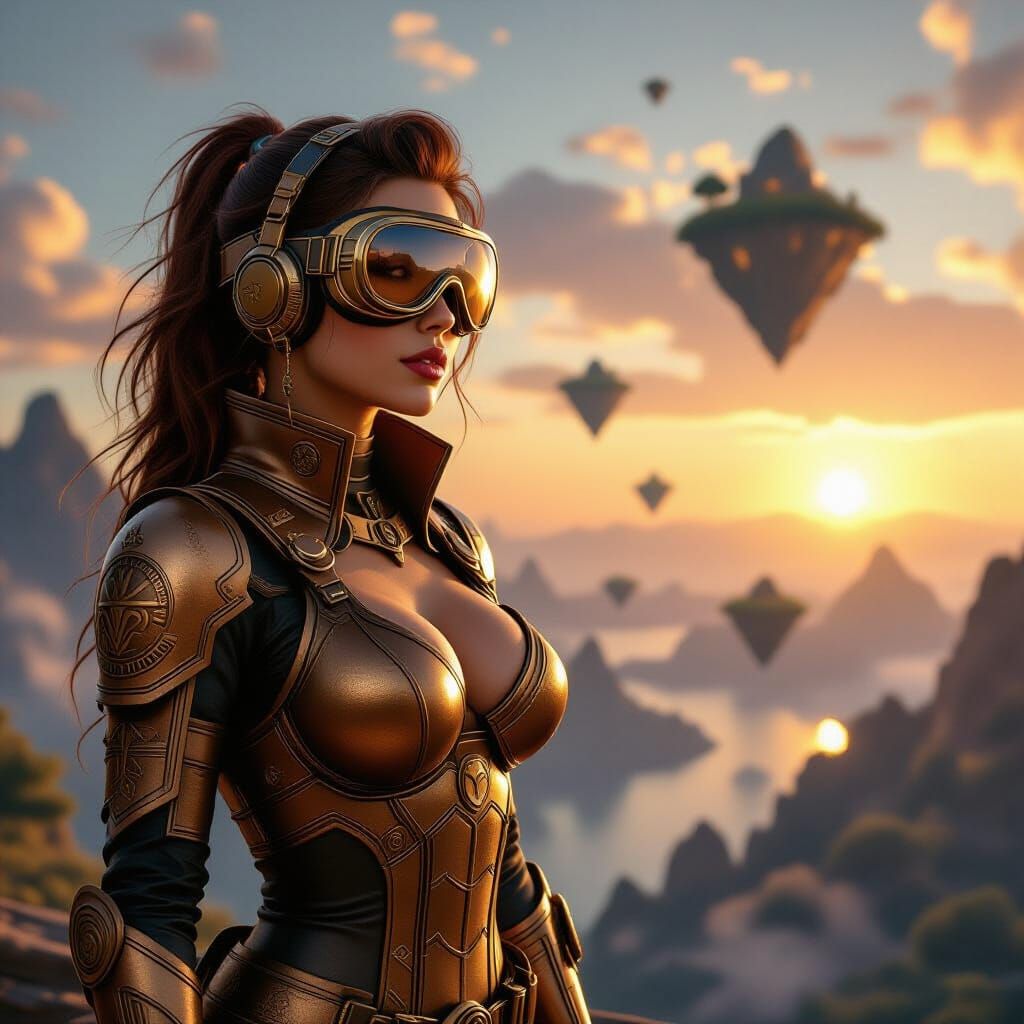 Steampunk Explorer Gazes at Sunset Floating Islands