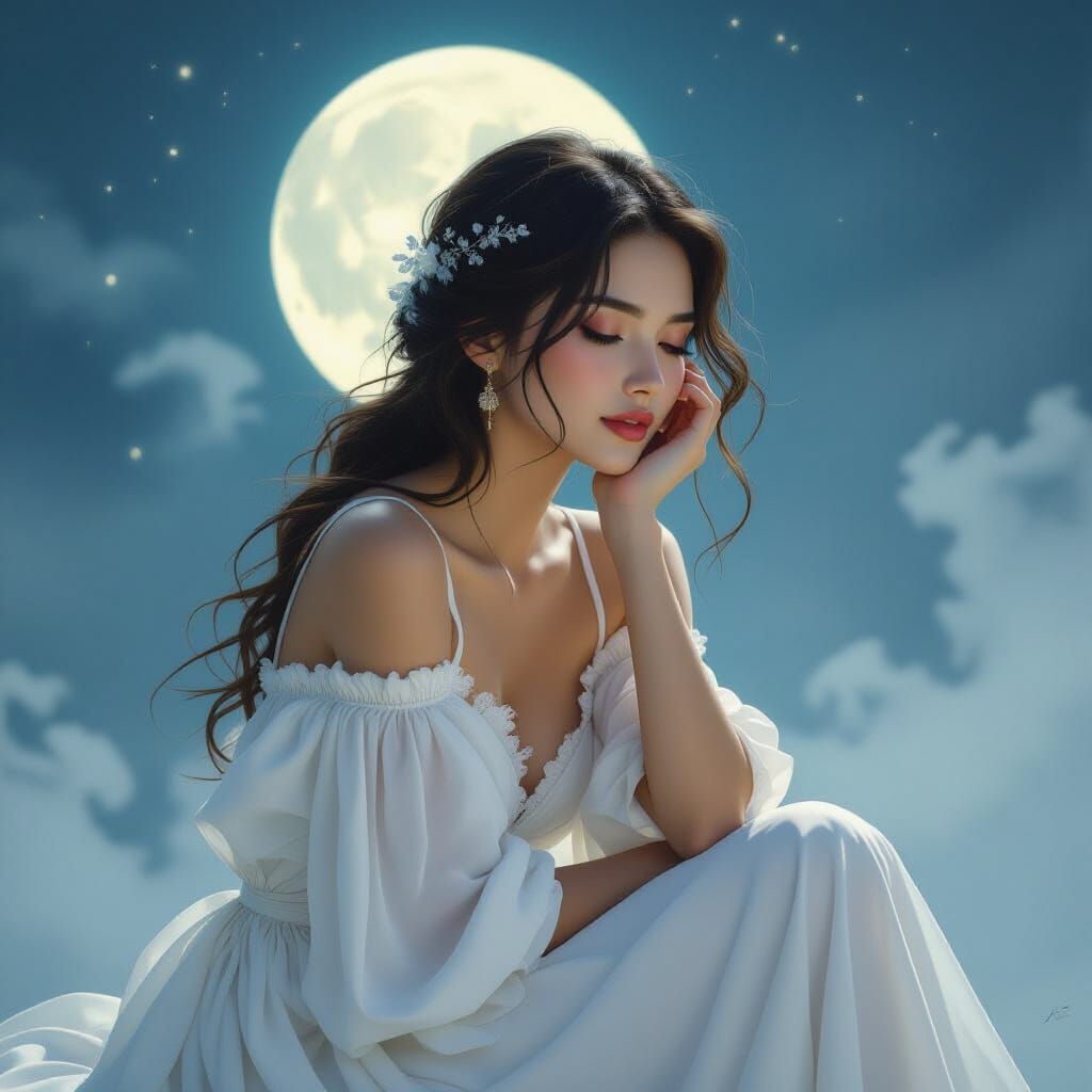 Ethereal Woman in Moonlight, Art Nouveau Style