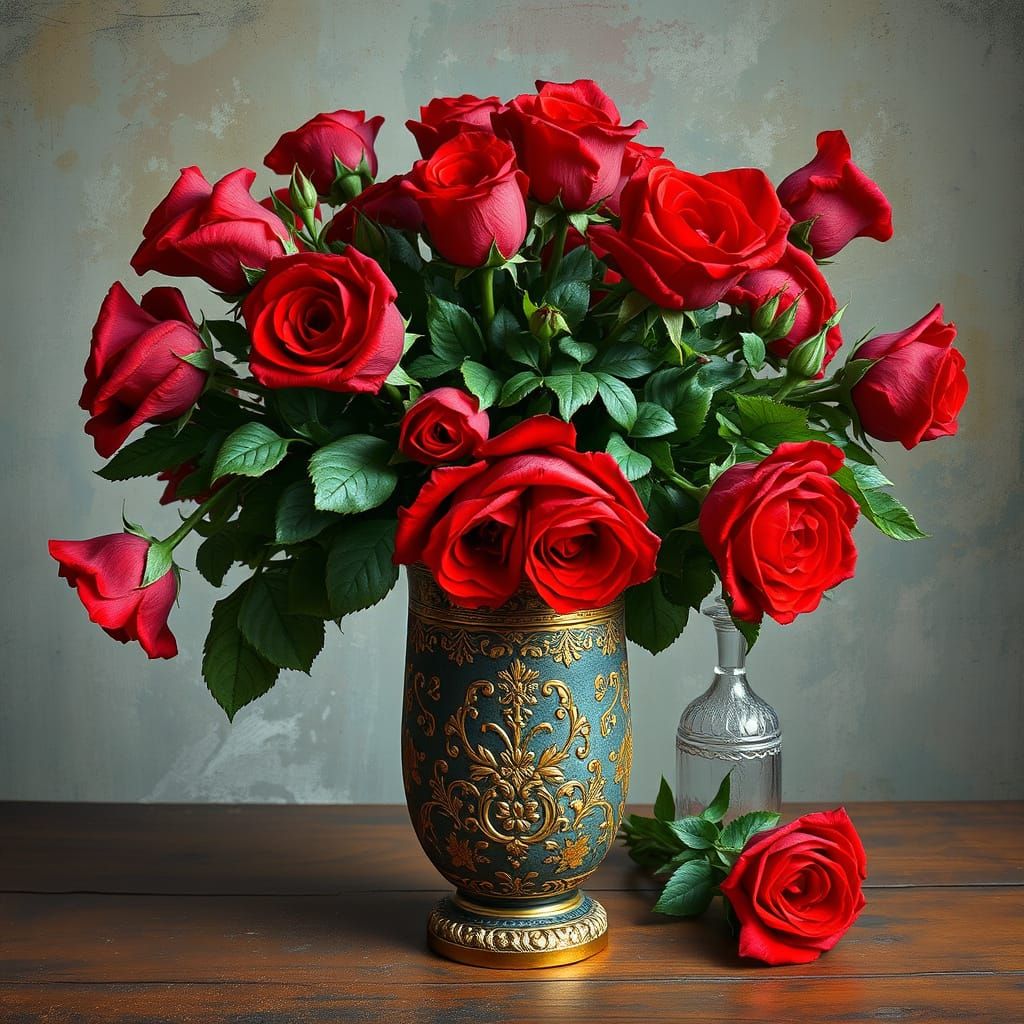Post-Impressionist Still Life with Red Roses and Golden Fili...