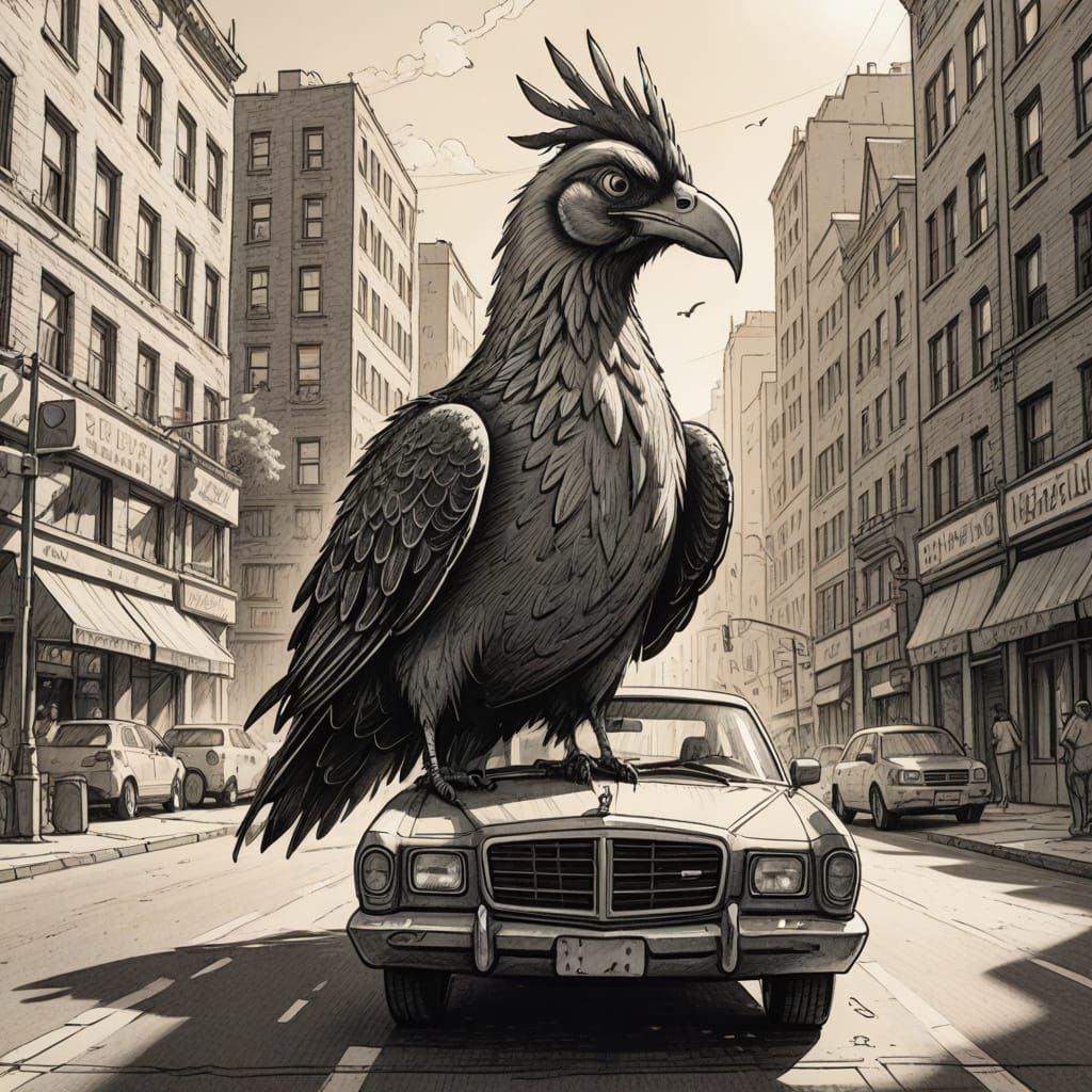Giant Bird Eats Car: Humorous Pencil Sketch