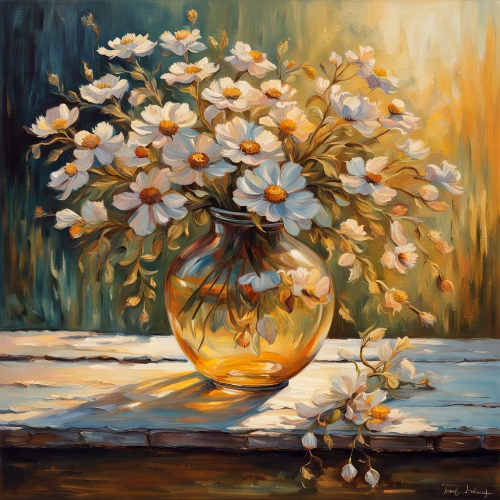 oil and grunge impasto, still life of summer wildflowers in ...