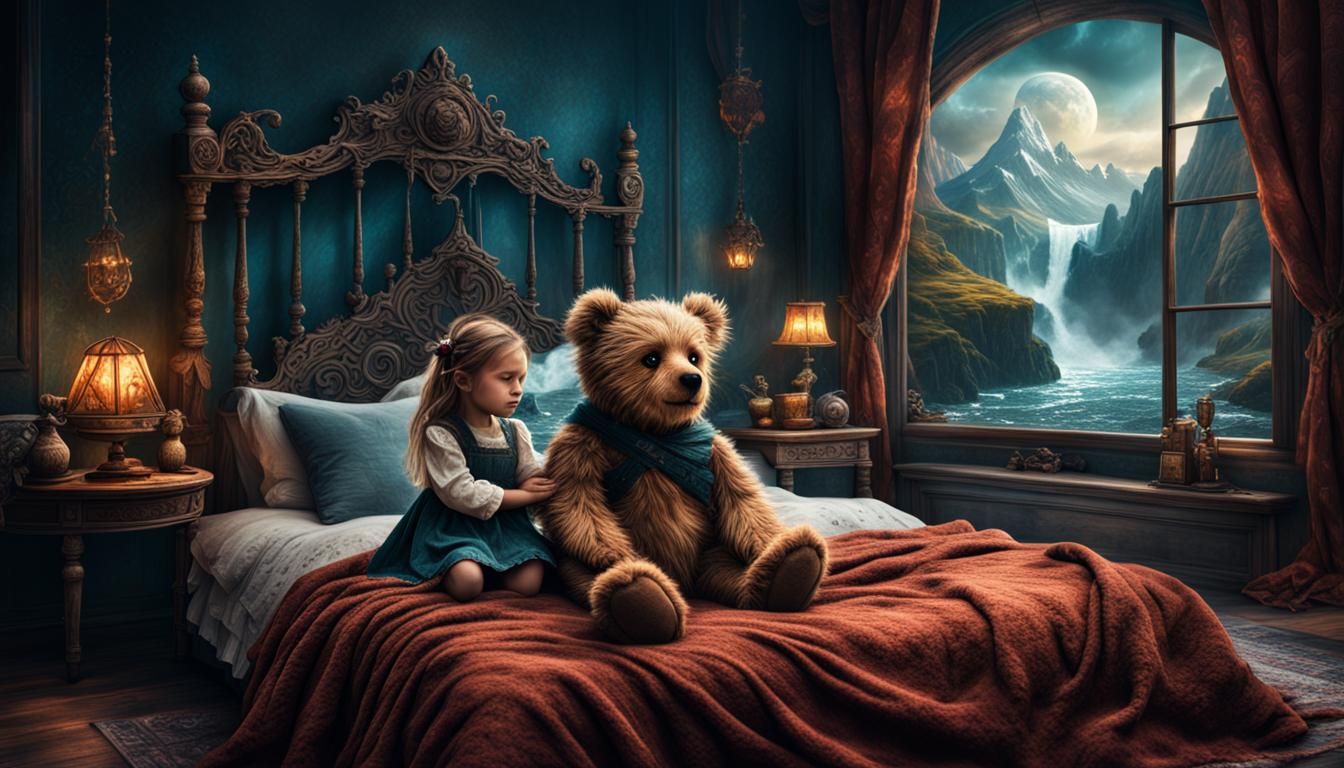 Brave Teddy Bear Holding Little Girl, Detailed Matte Paintin...