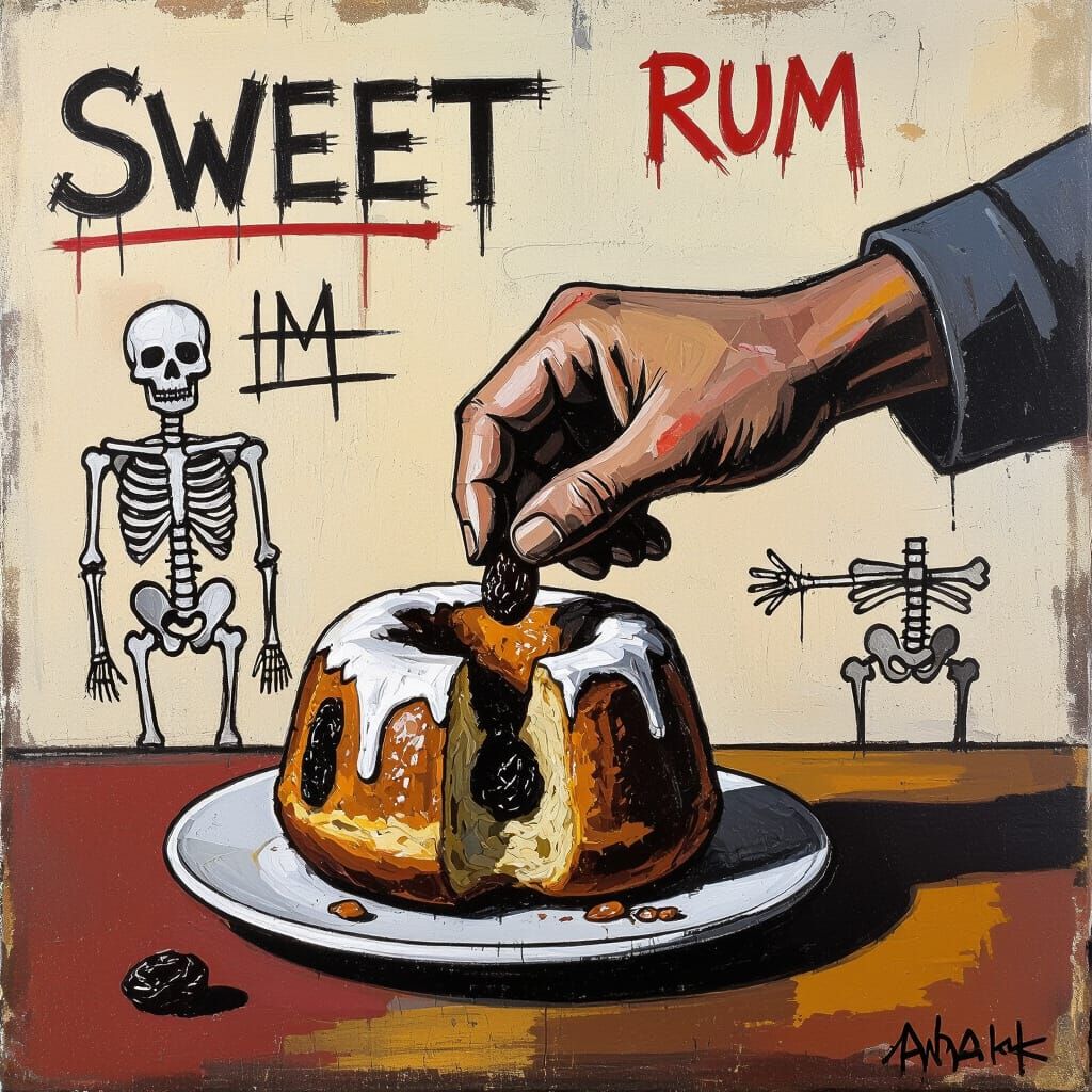 Neo-Expressionist Painting of a Worker's Hand with Rum Baba