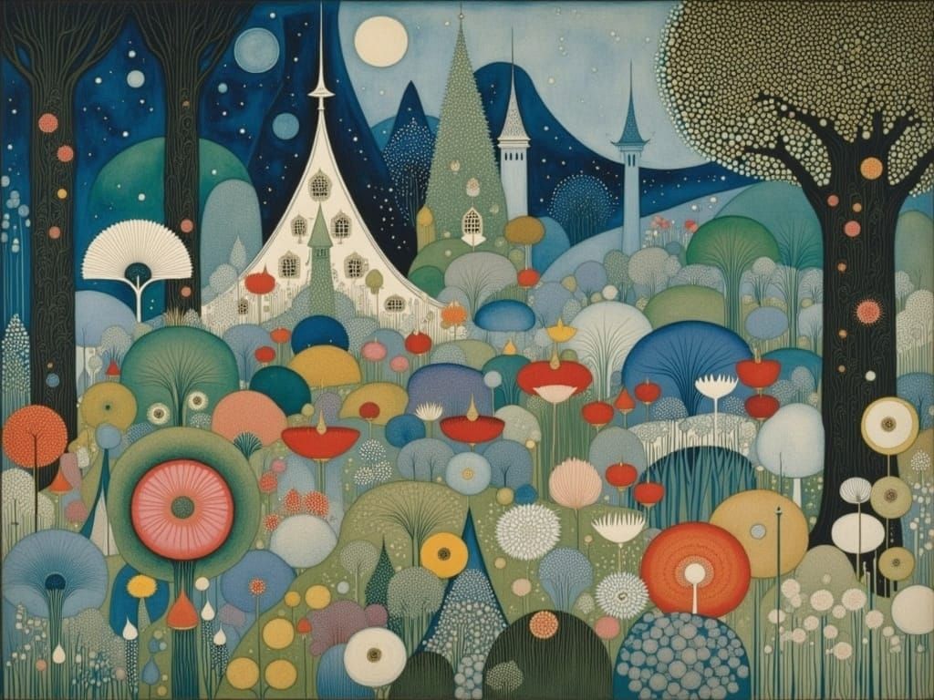 Surrealistic Garden Scene in Whimsical Watercolor Style