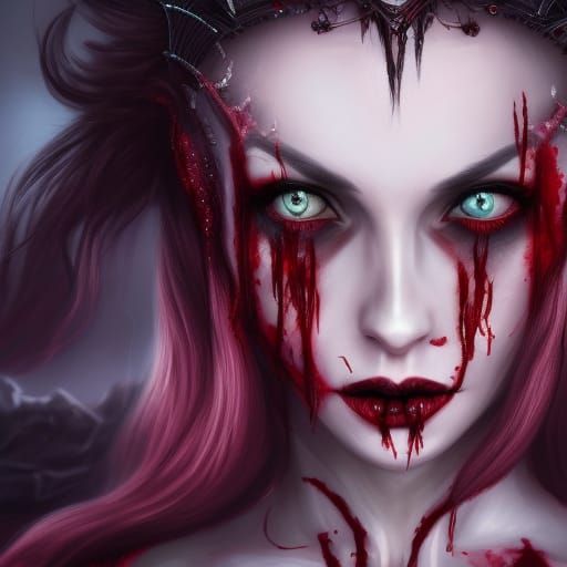 Beautiful Vampire Woman with Blood in Detailed Painting