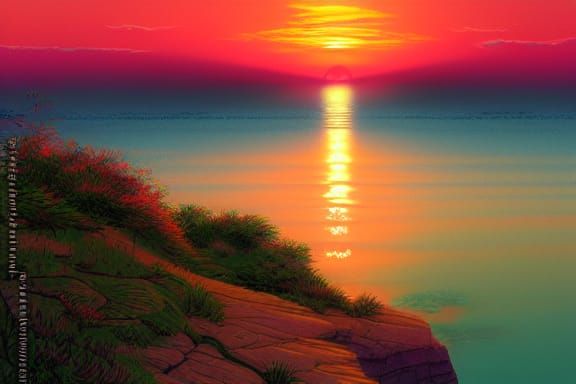 Sunset Over Bay: Anime Key Visual, Digital Oil Painting
