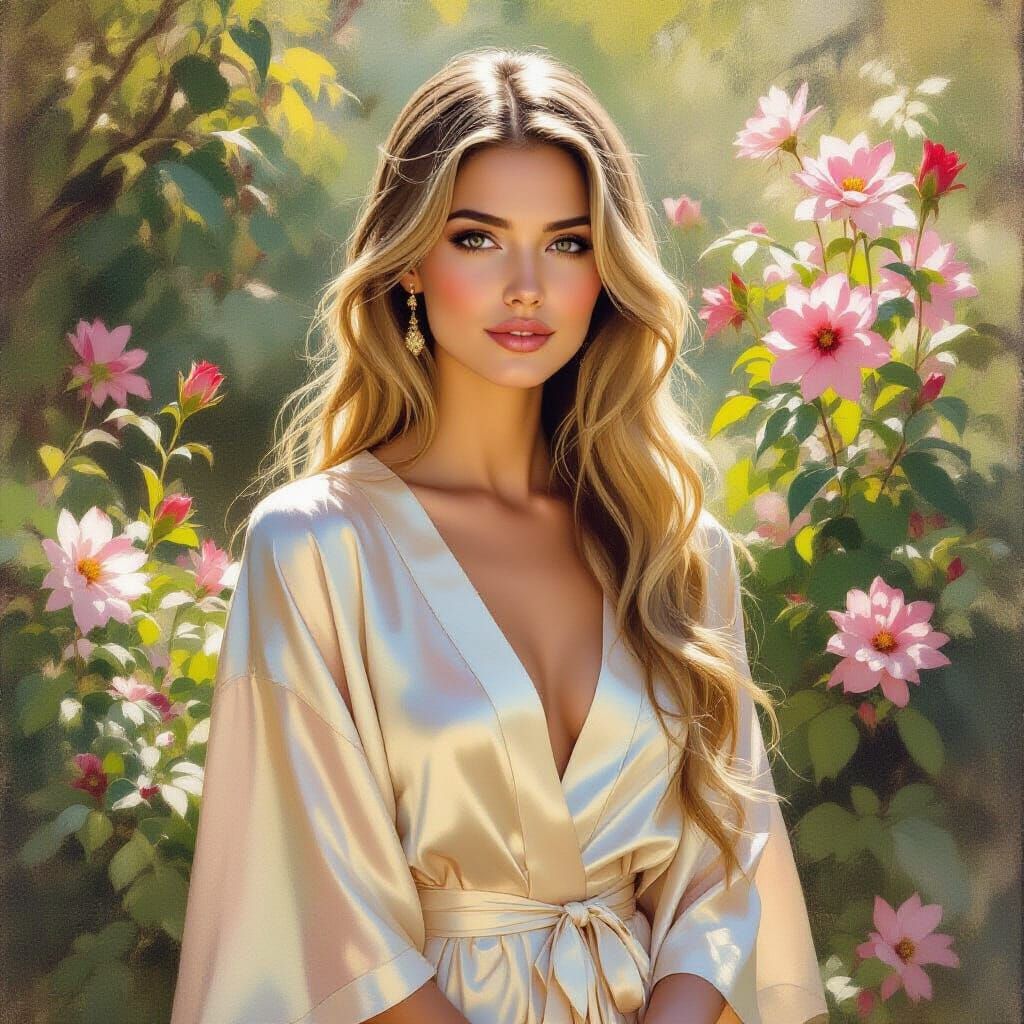 Woman with Flowing Hair in Impressionistic Garden