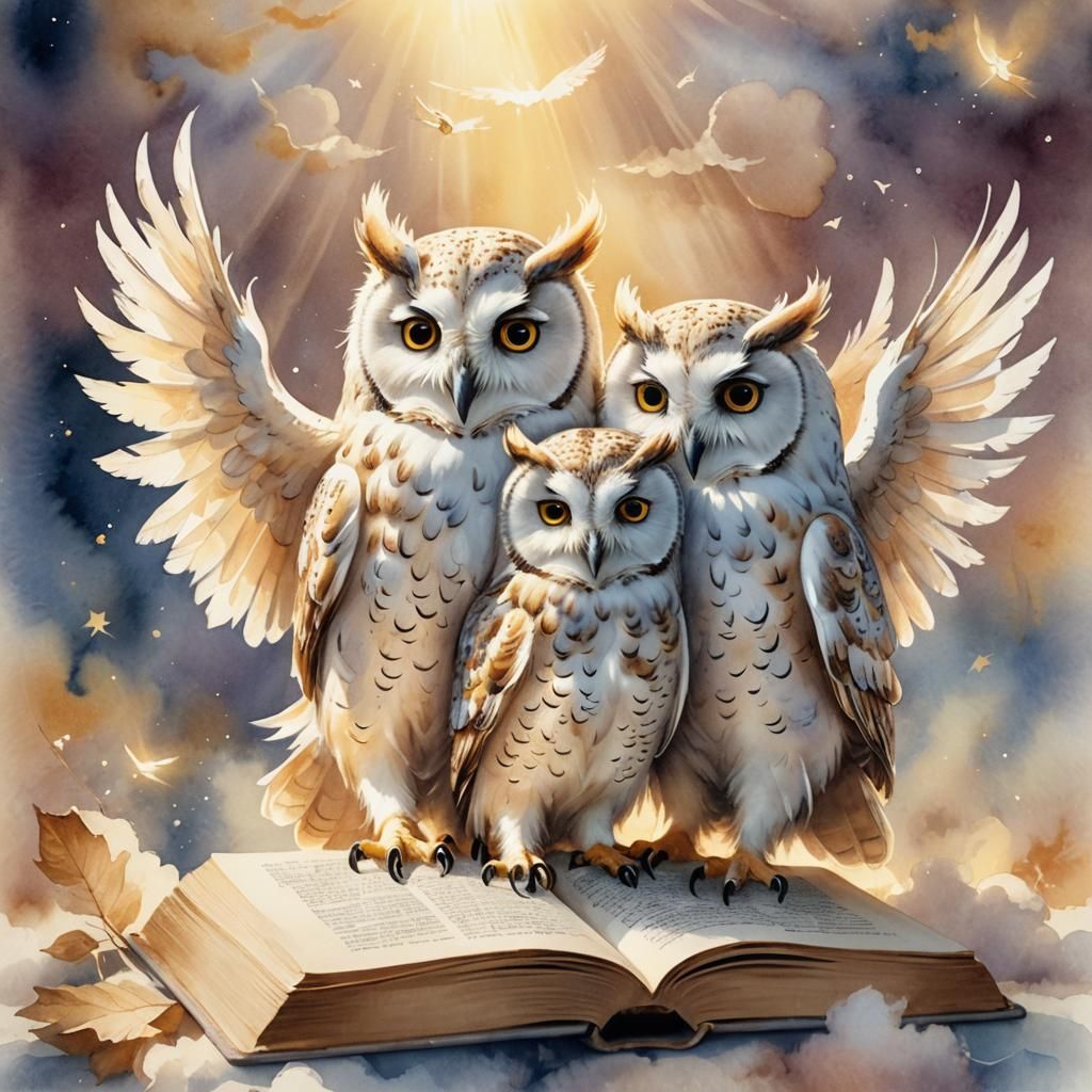 Whimsical Watercolor Owls Reading in Divine Light