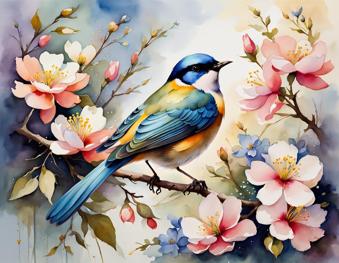 Bird with Pastel Flowers in Watercolor Style