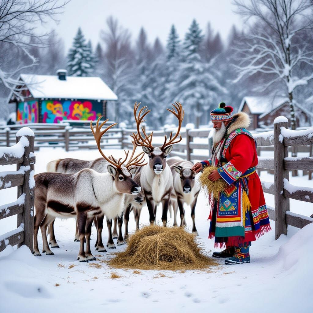 Sami Man Feeds Reindeer in Snowy Finland