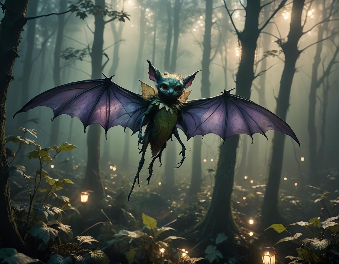 Gremlin Fairy in Mist-Filled Forest, Surrealism Style