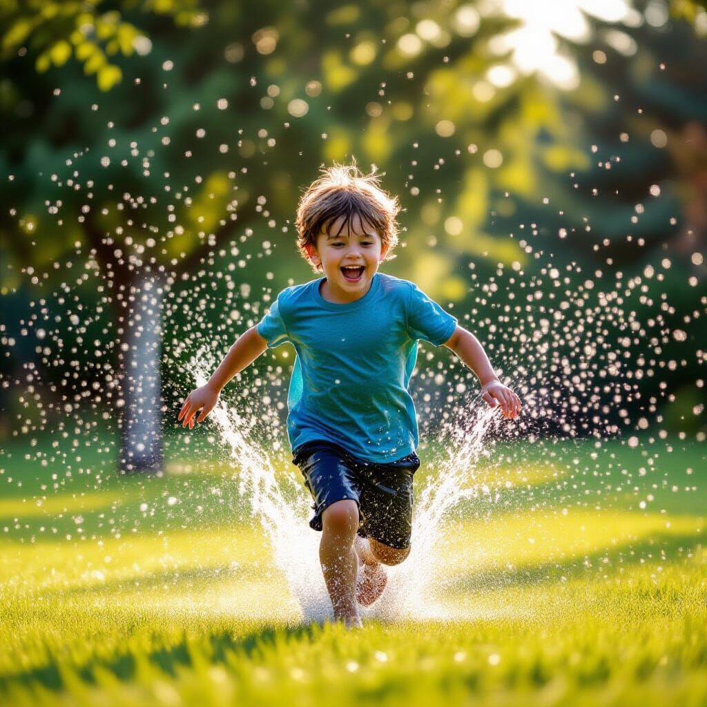 Child's Joyful Run Through a Sprinkler