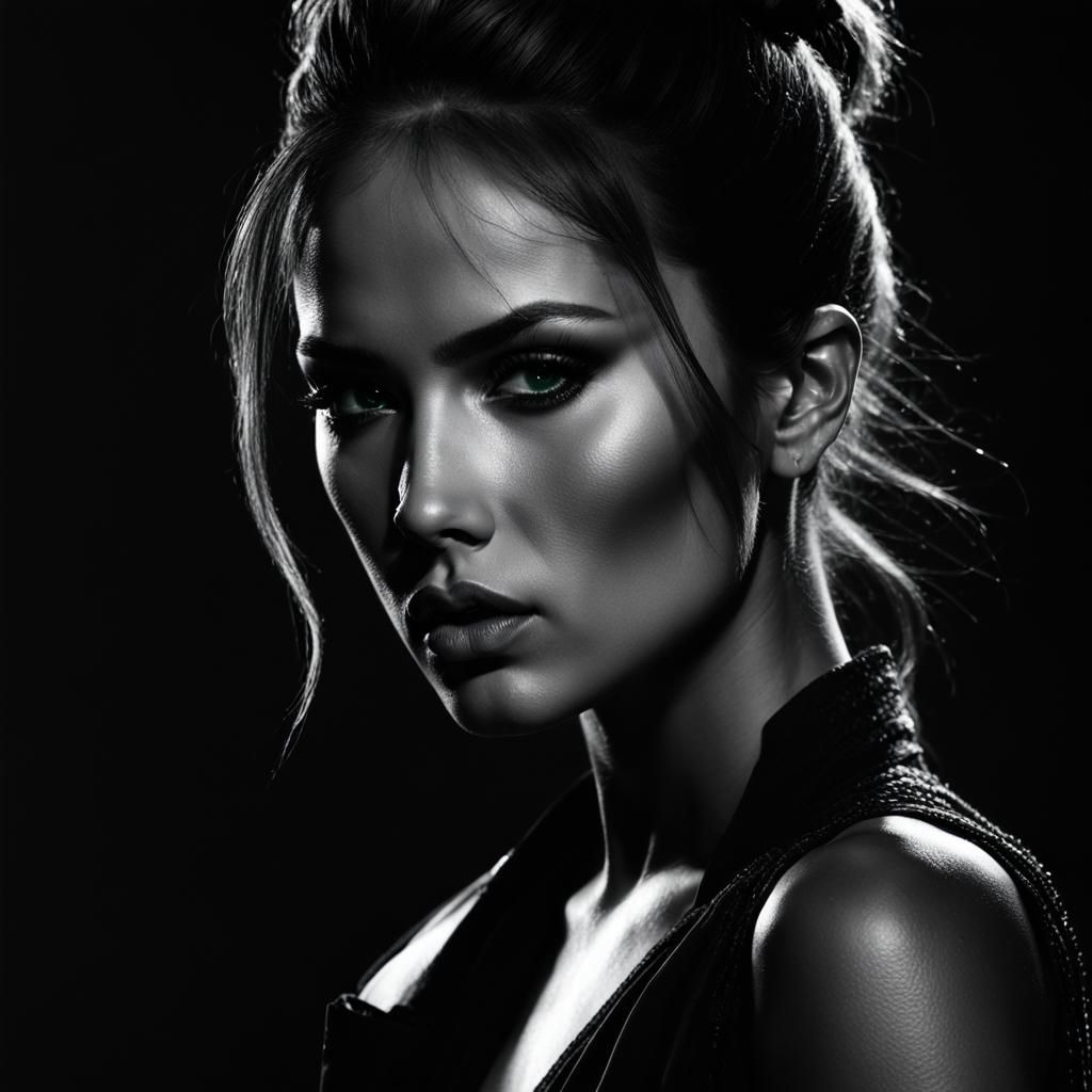 Striking Black and White Portrait with Emerald Eyeshadow