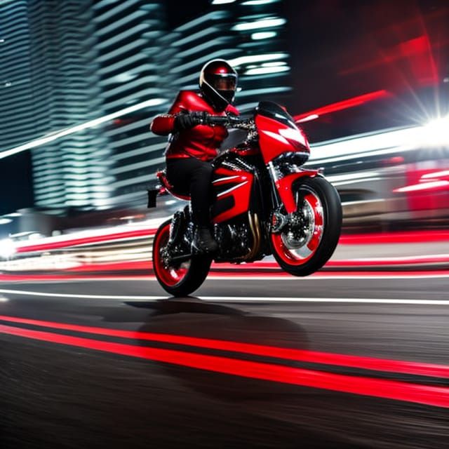 Man Rides Metallic Red Motorcycle at Night