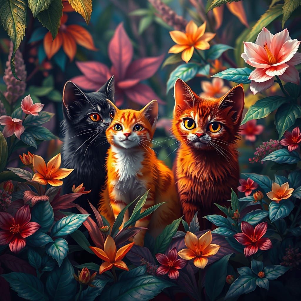 Whimsical Felines in Lush Fantastical Worlds