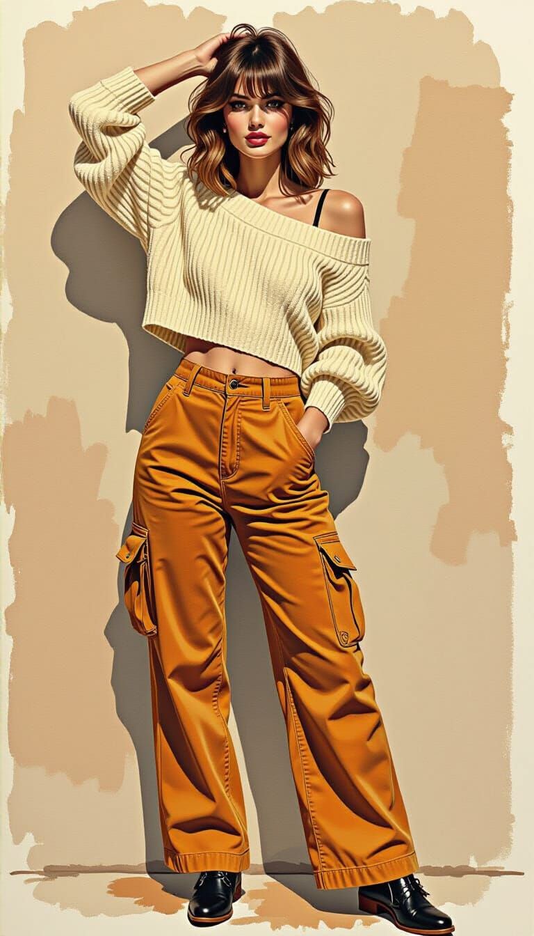 Woman in Leopard Cargo Pants and Cream Sweater