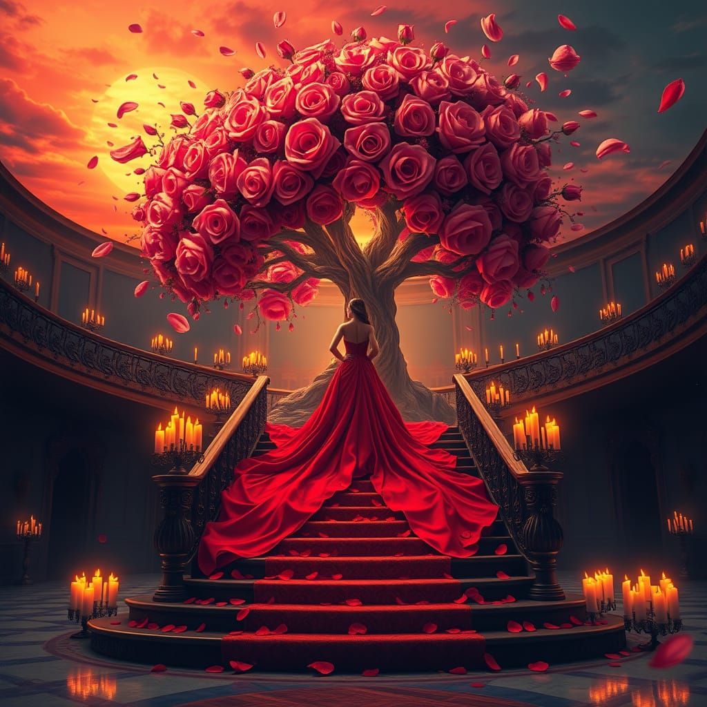 Baroque Romance in Red: A Majestic Woman in a Lavish Ballroo...
