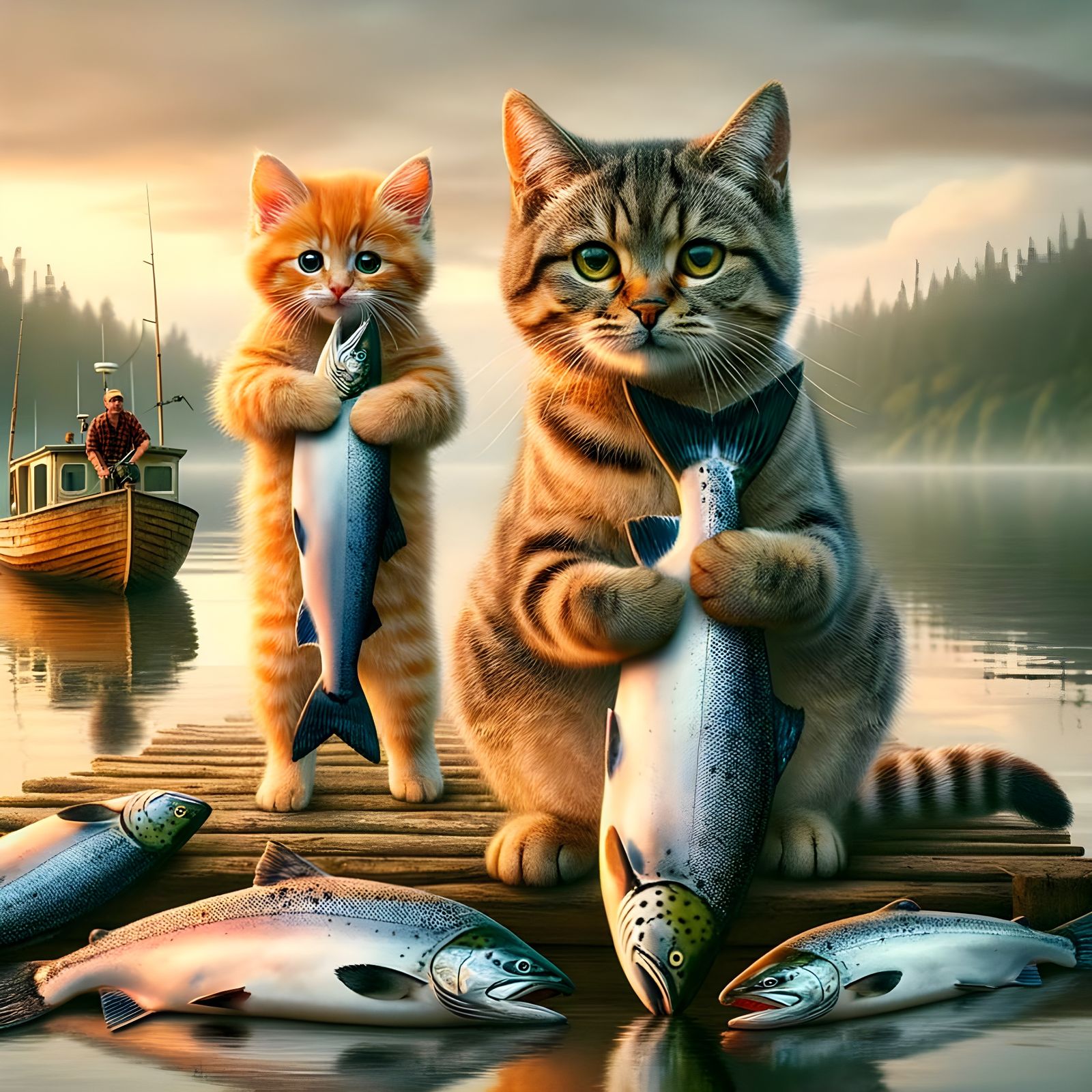 Cats Proudly Displaying Salmon Catch in Pacific Northwest