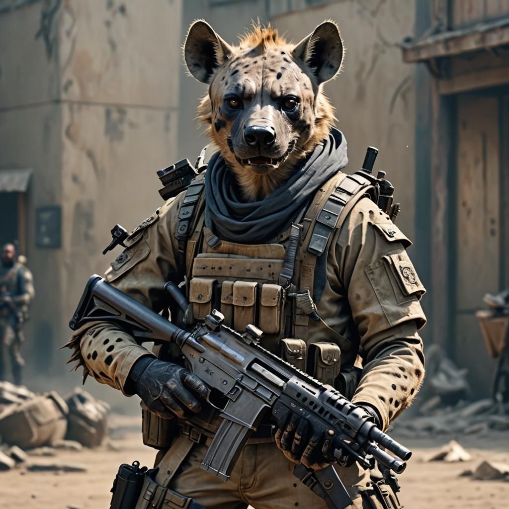Menacing Hyena Soldier in Ragged Outfit