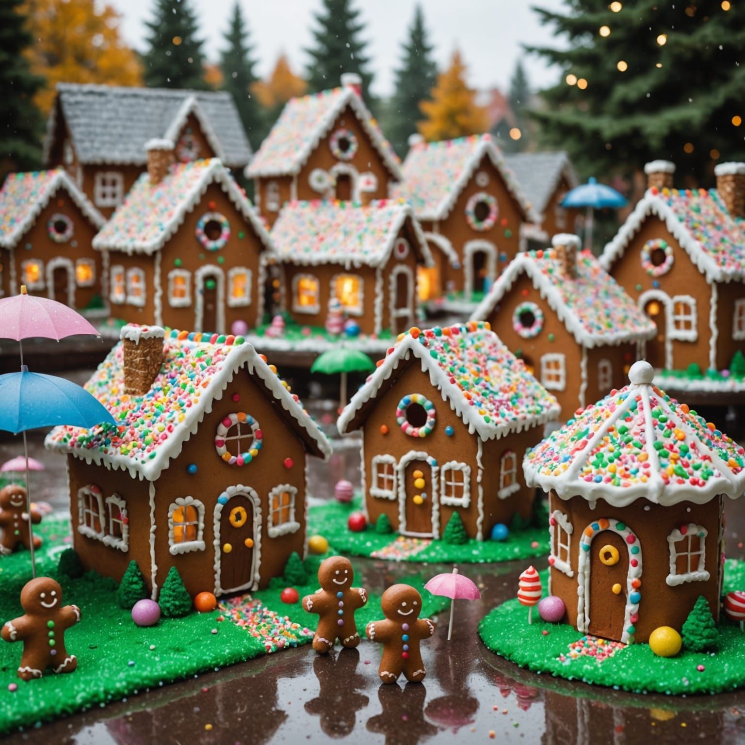 Candy World with Gingerbread Houses and Sprinkle Rain
