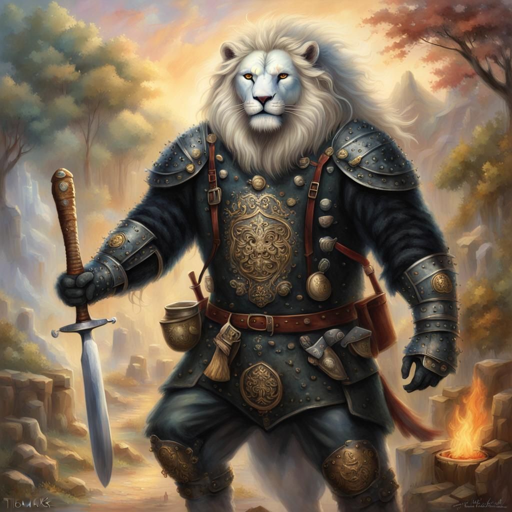 Lion Chef in Armor with Automaton, Hyperdetailed Fantasy