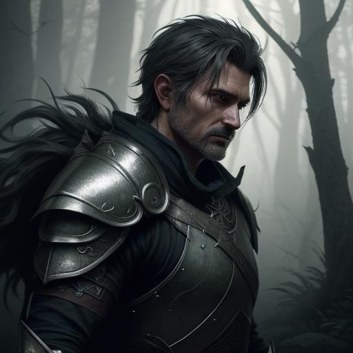 Dark Fantasy Warrior in Misty Forest, Hyper-Realistic