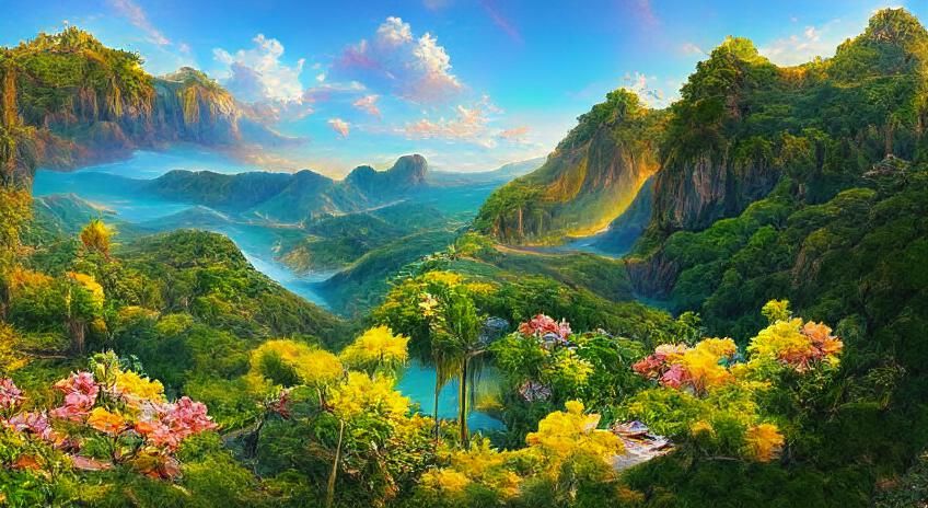 Lush Canyon Vista with Tropical Forest and Lake