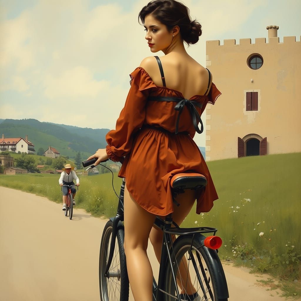 Girl on Bicycle in Realist Oil Painting Style