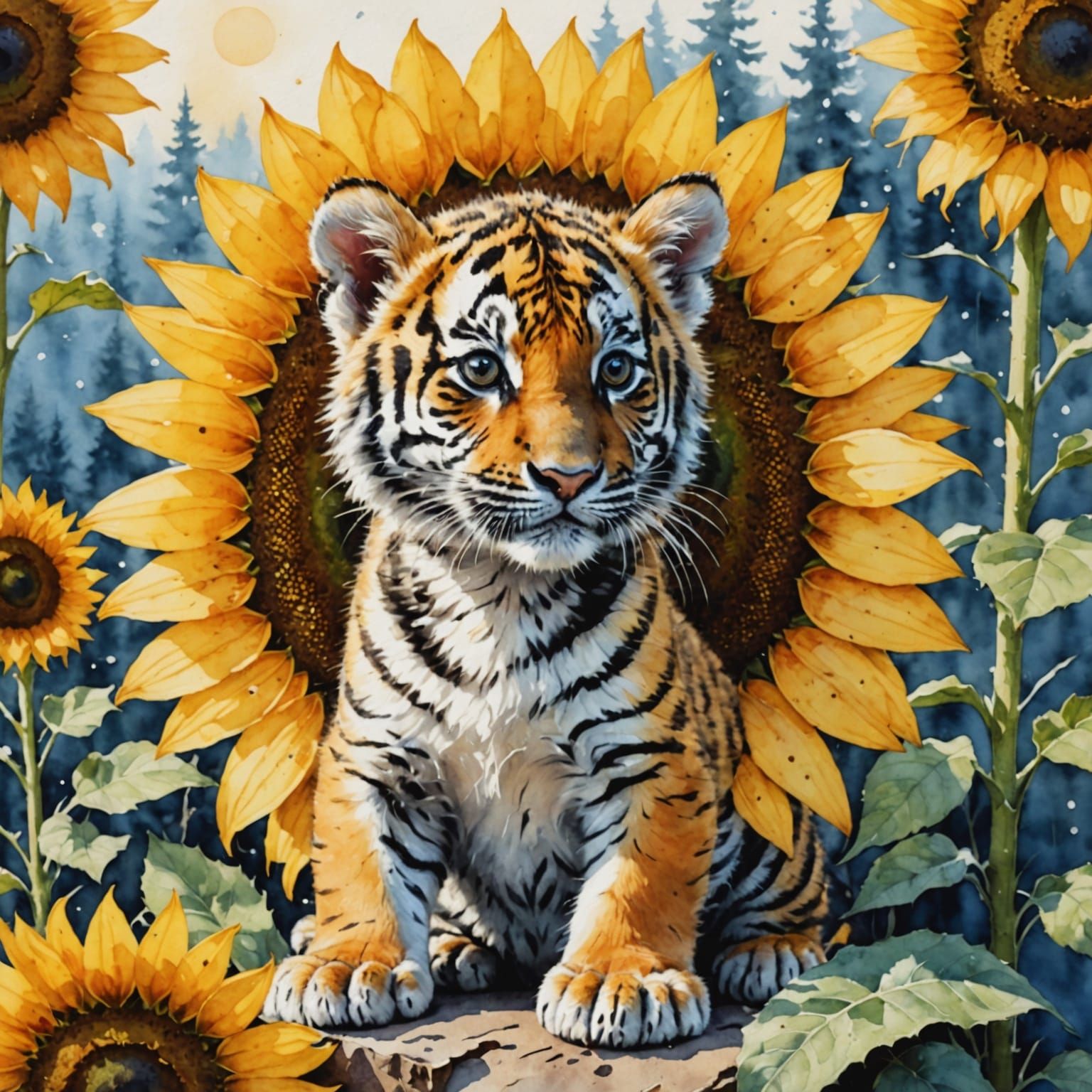 Surreal Watercolor Tiger Cub Amidst Vibrant Sunflowers in Wi...
