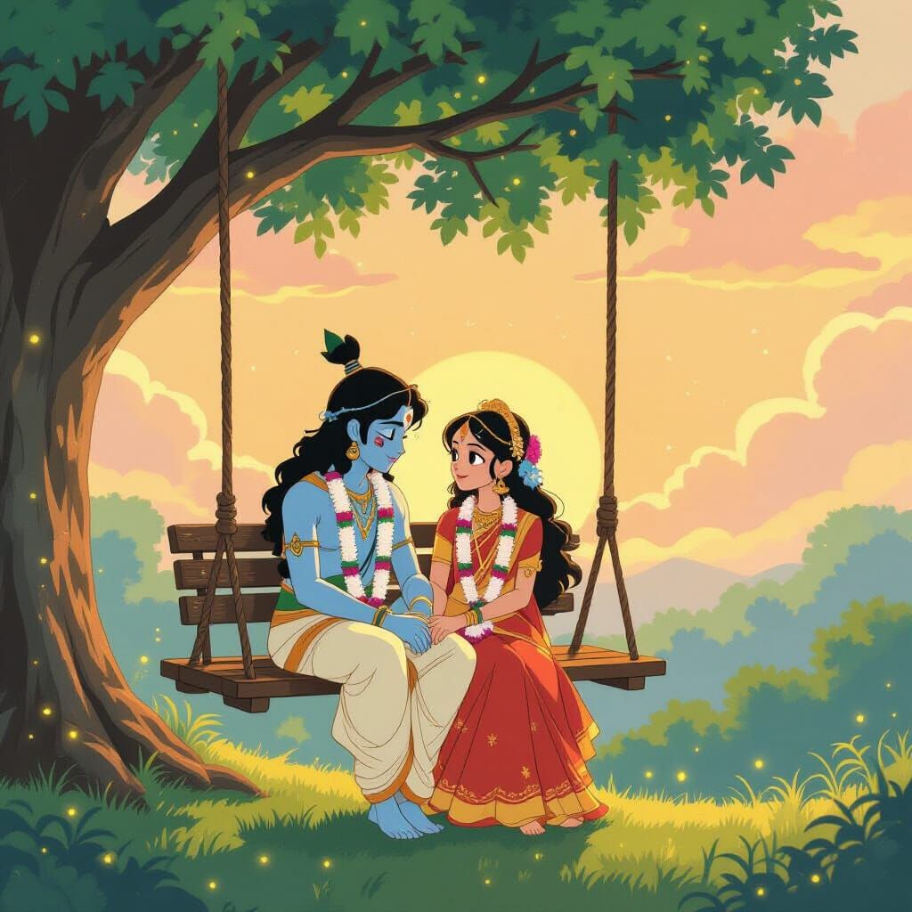 Radha and Krishna Swing in Ghibli-Style Sunset