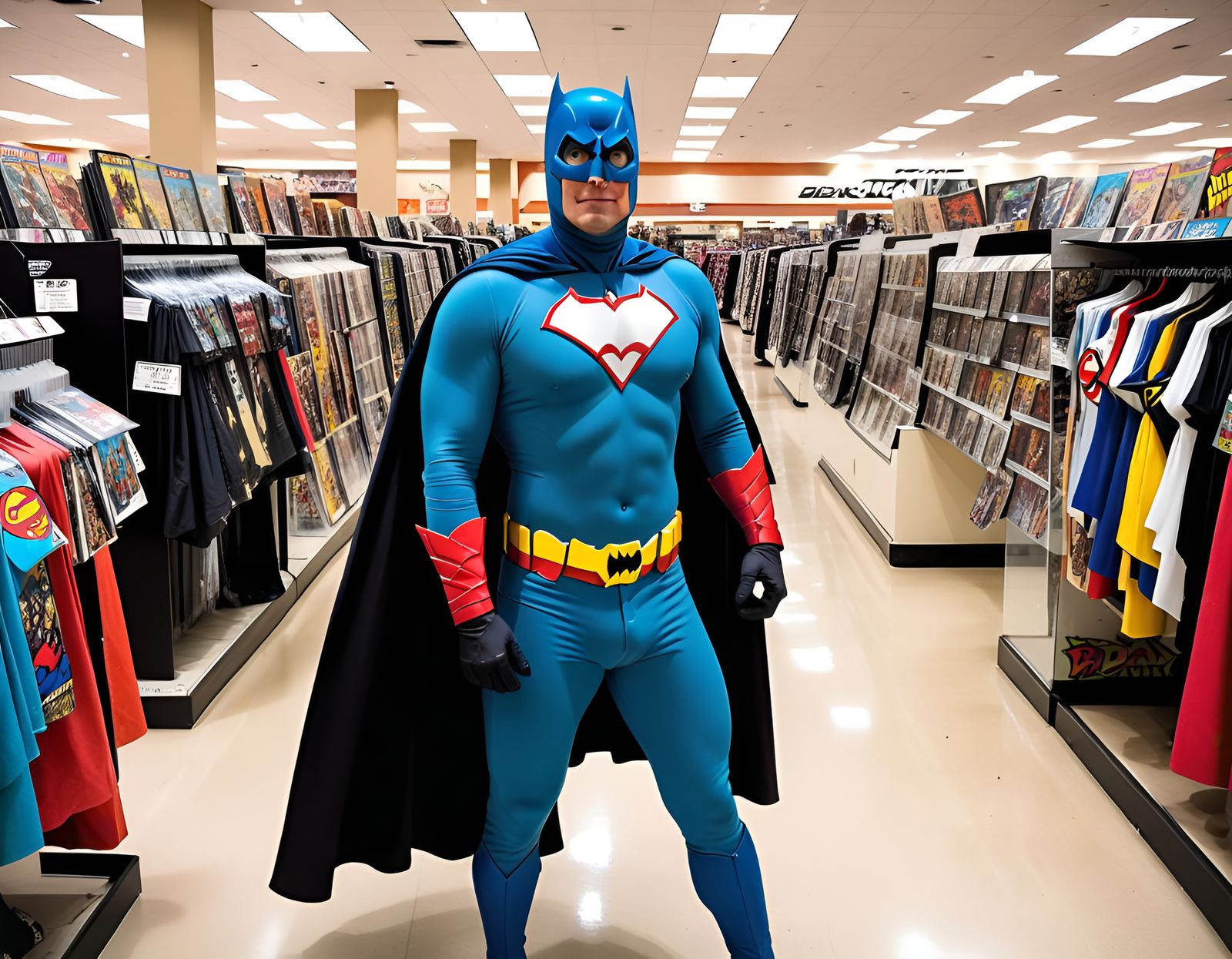 Comic Book Store Auction with Superheroes in Vaporwave Style