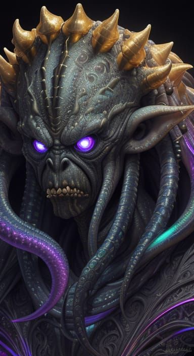 Hyperrealistic Tsathoggua Cyborg with Rainbow Tentacles